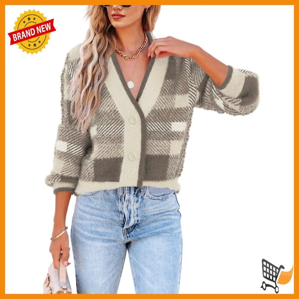 Soft Fuzzy Knit Plaid Cardigan V-Neck Button Front Long Sleeve